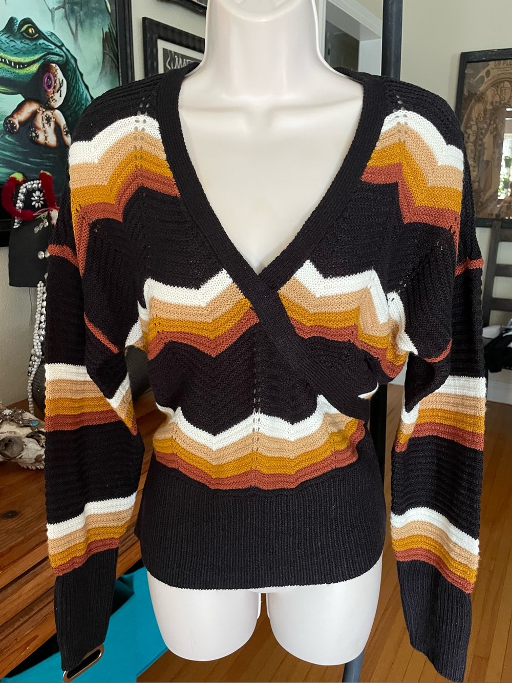 FCT With Love Black & Brown Chevron Oversized Sweater XL *Retro 70’s